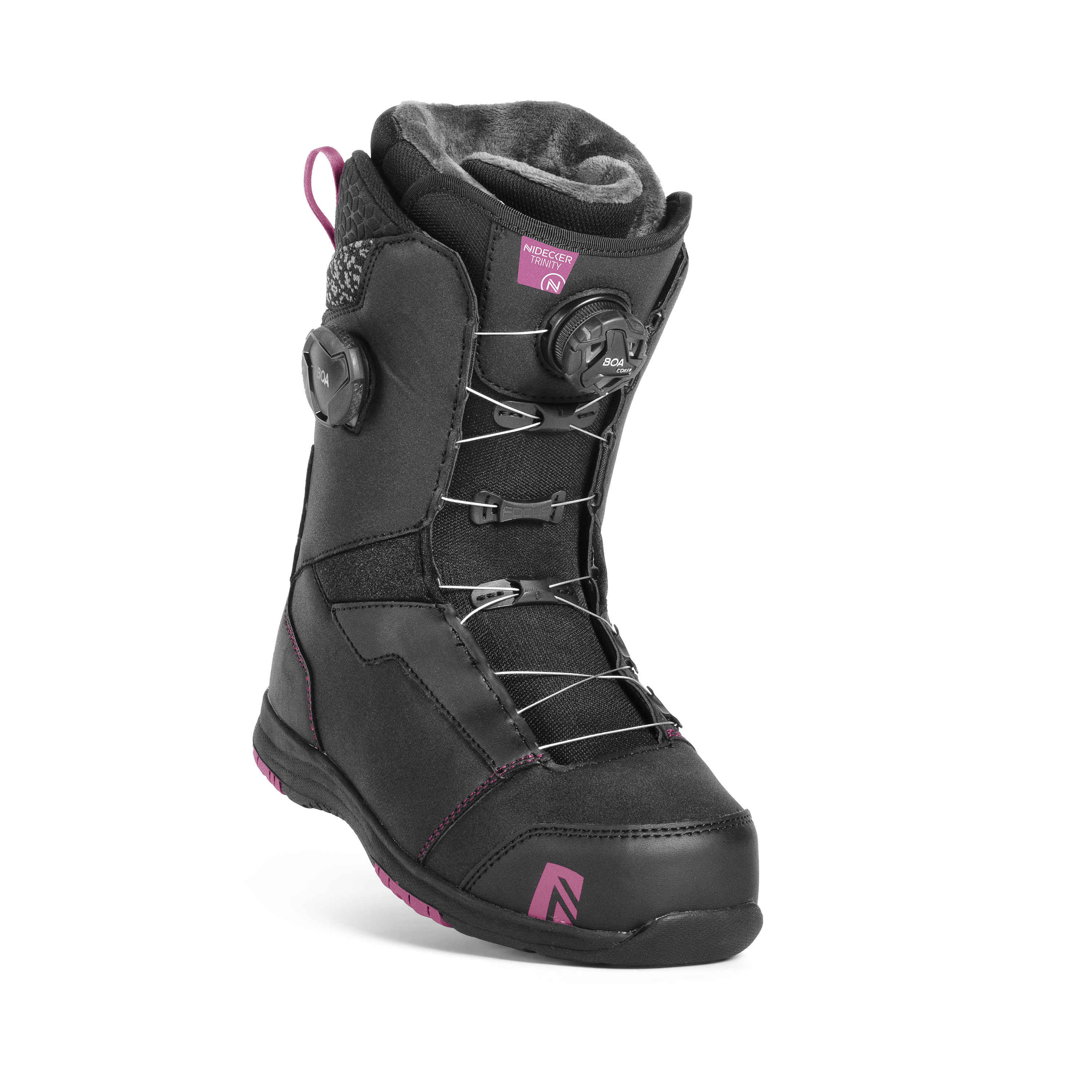 Schwarzer Snowboard Boot Nidecker Trinity mit Schnürsystem und violetten Akzenten, seitliche Ansicht.