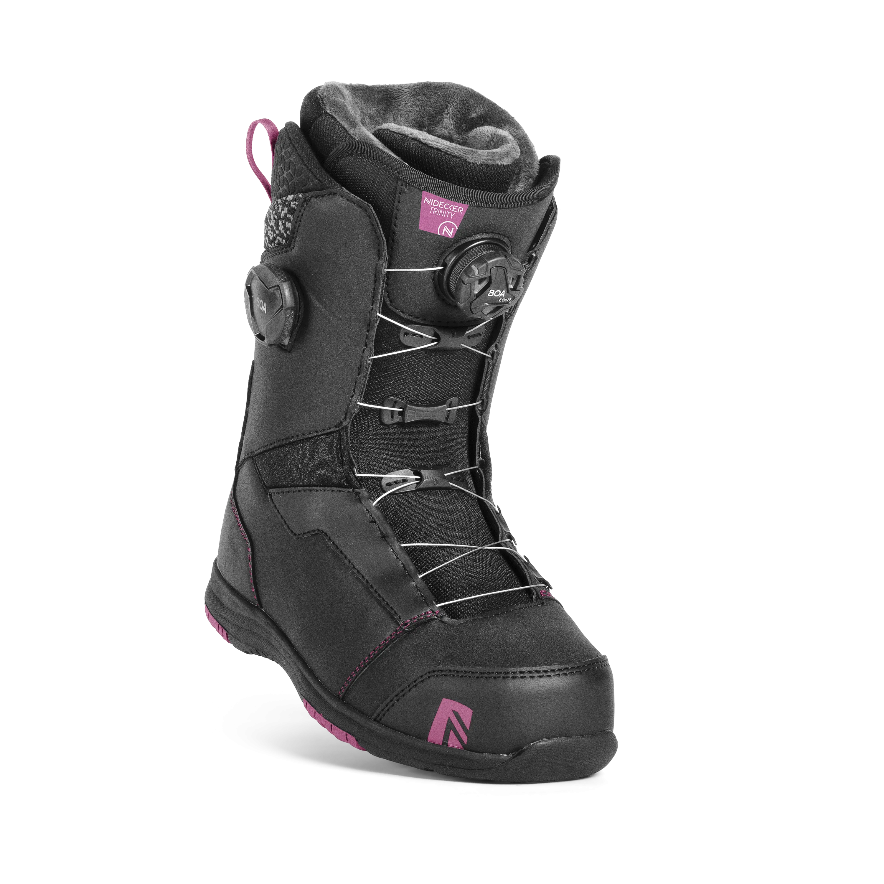Schwarzer Snowboard Boot Nidecker Trinity mit Schnürsystem und violetten Akzenten, seitliche Ansicht.
