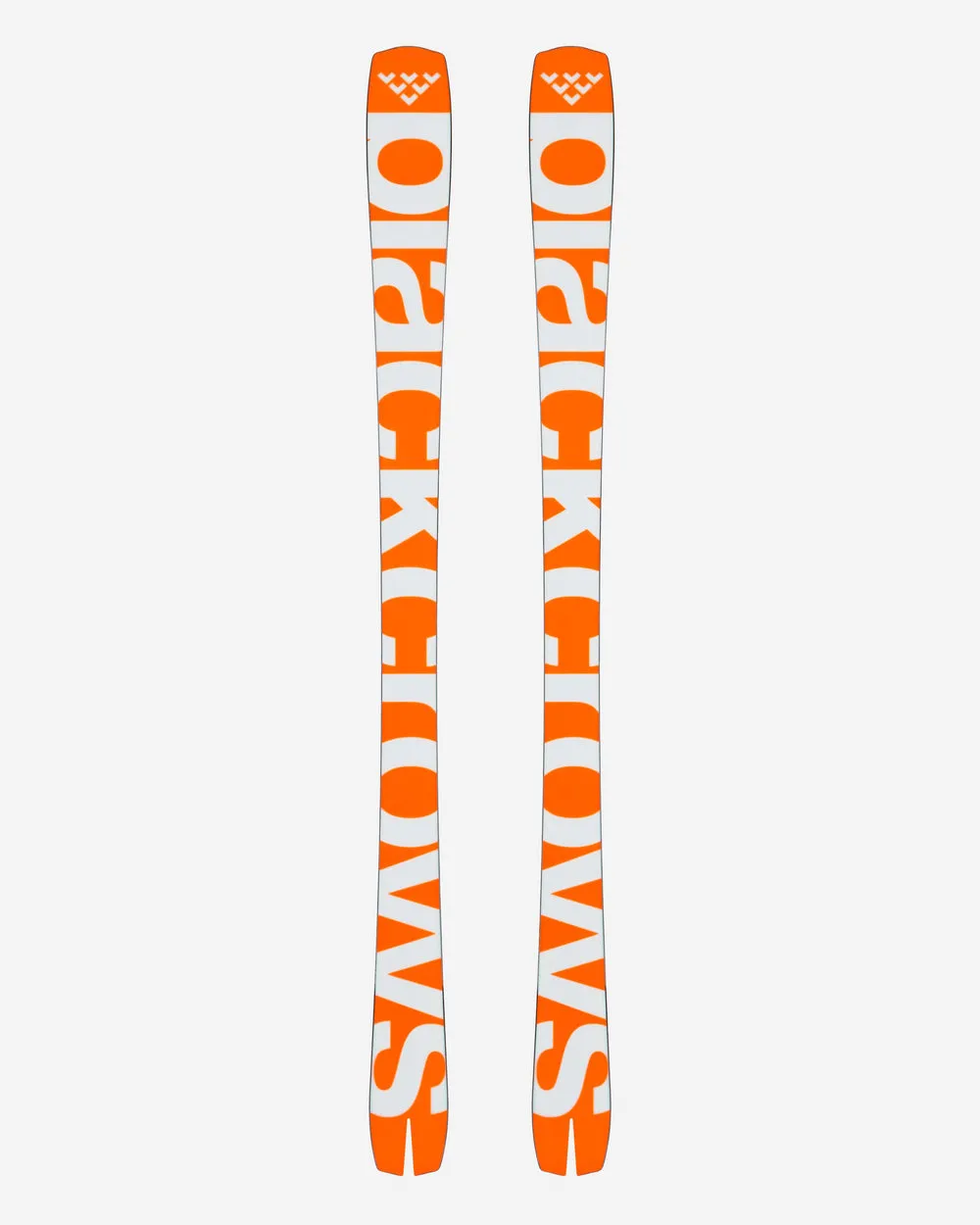 A pair of skis with the lettering "BLACK CROWS" in orange on a white background, ski tips with an orange bird logo.