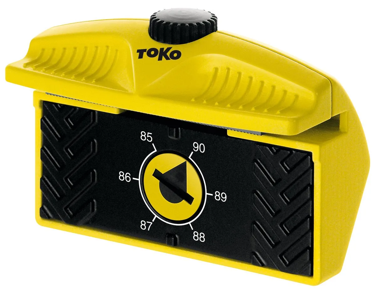 Yellow Toko Edge Tuner with angle adjustment from 85 to 90 degrees, for precise edge grinding.