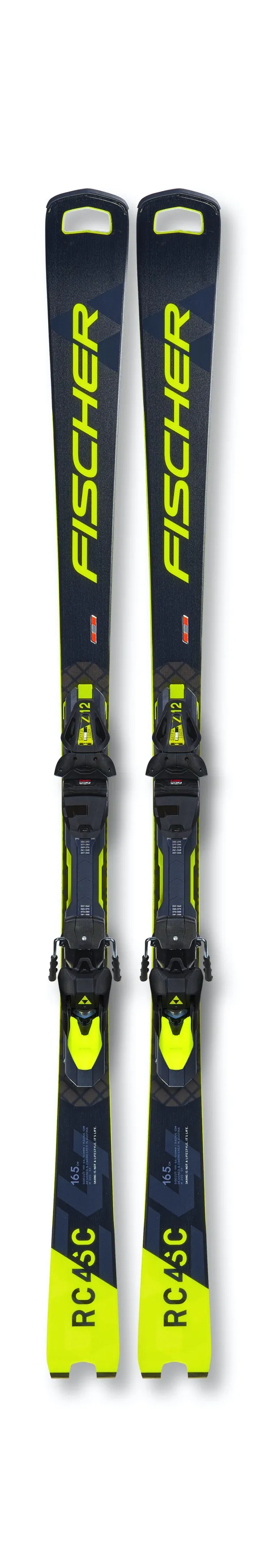 Ski RC4 Worldcup SC avec fixation Z12 de Fischer en jaune et noir.