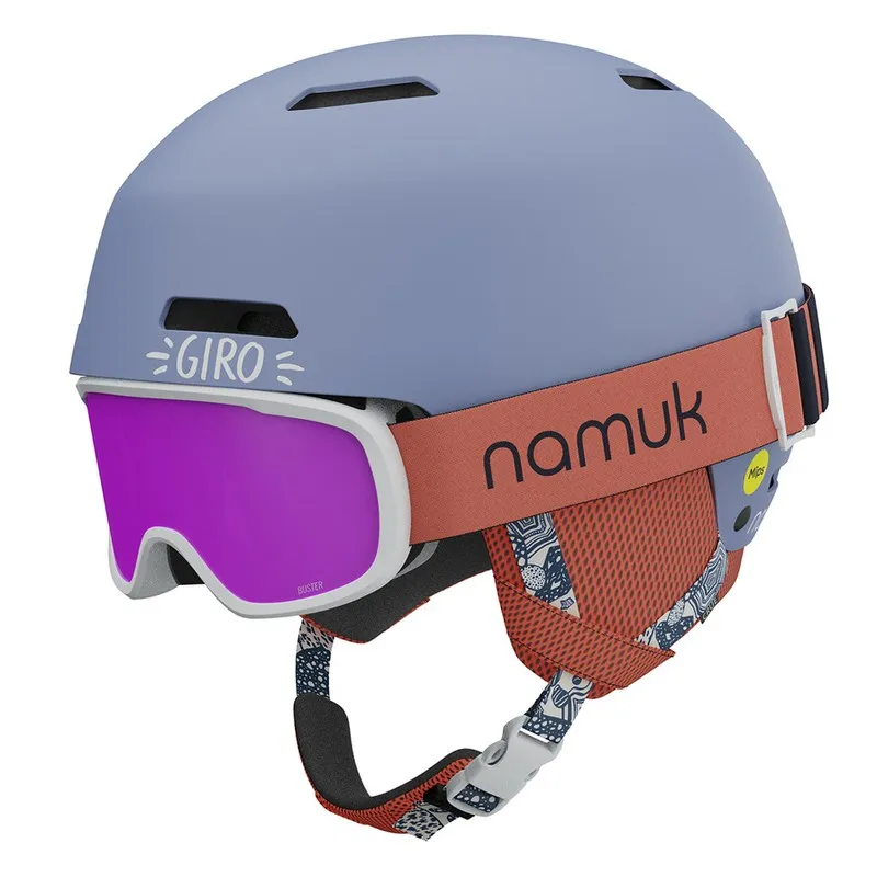 Giro Crüe Mips ski helmet combo with purple-blue helmet shell and coral-colored snow goggles.