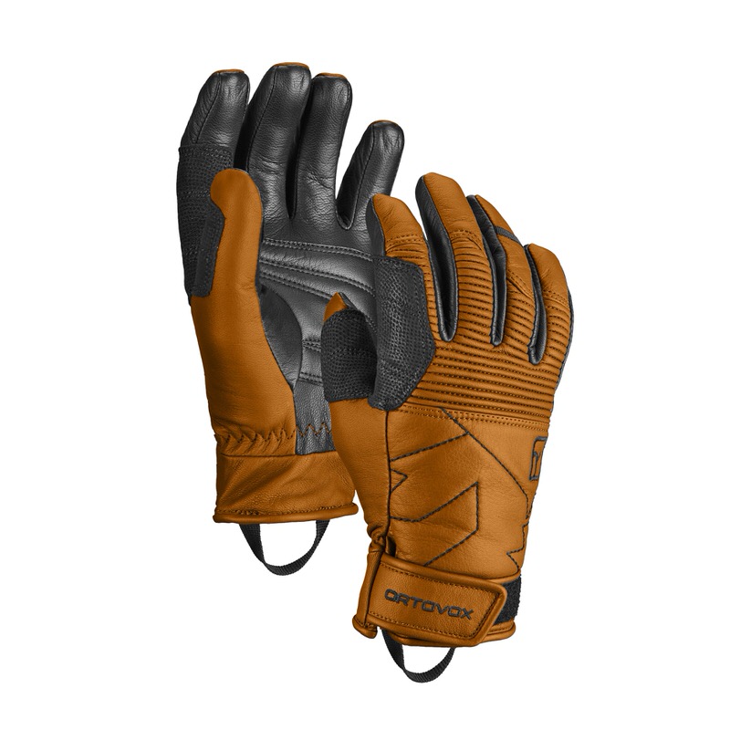 Braune Ortovox Full Leather Handschuhe Sly Fox, Handinnenfläche schwarz, im Vordergrund ein Handschuh geöffnet.