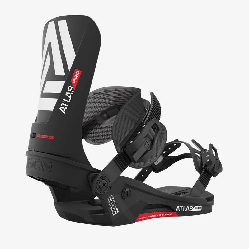 Black Union Atlas Pro snowboard binding in detail, with white logo and red accents.