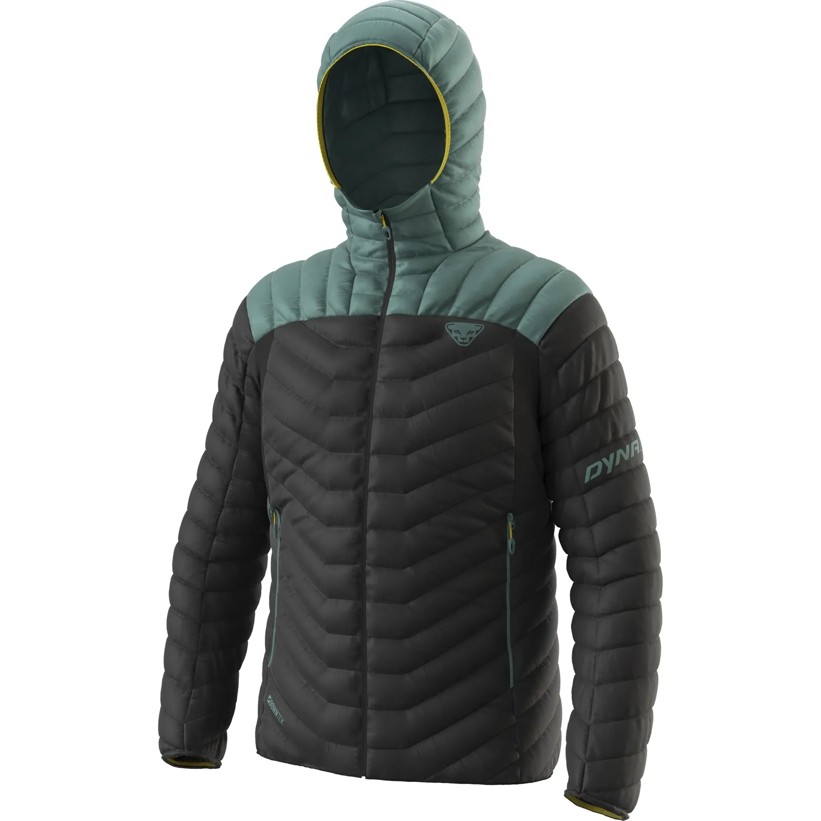 Piumino Dynafit Ridge Ultralight nero con cappuccio. Il petto e il cappuccio sono verde menta.