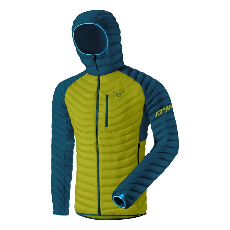 Gelb-blaue Dynafit Radical Down Herrenjacke mit Kapuze, gesteppt, Reissverschluss und Logo.
