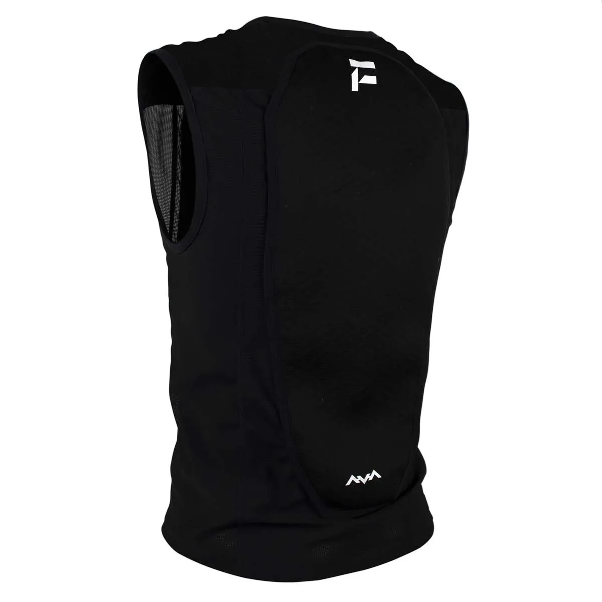 Black Behold men's back protector vest, shown from behind. White logos on the back and upper shoulder.