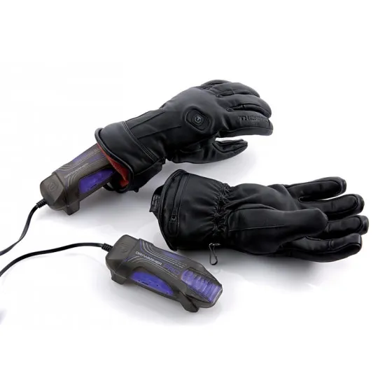 Two black gloves, one of them on a Sidas Drywarmer Pro USB shoe dryer, cable connected.