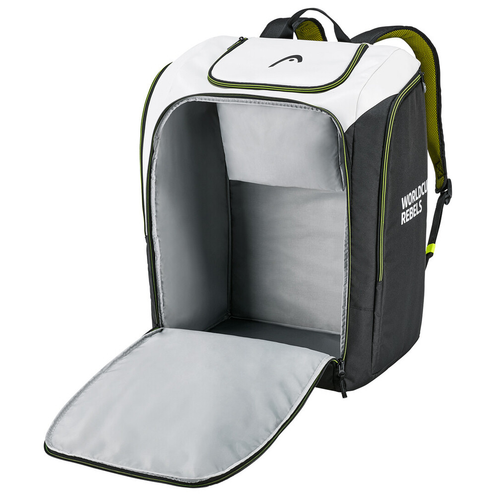 Open, large Head Rebels Racing Backpack L in white, black and gray.