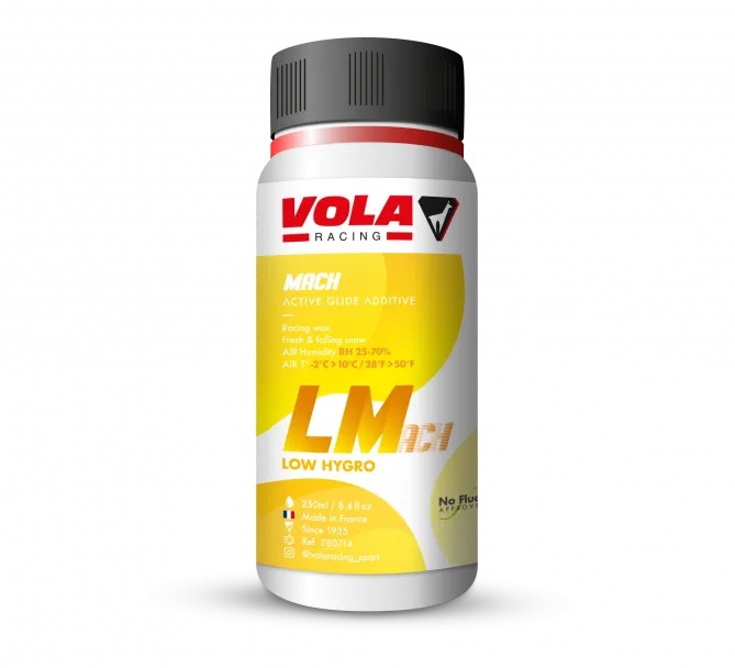 Flacon de cire liquide Vola LMach Jaune, blanc avec impression jaune et bouchon noir.