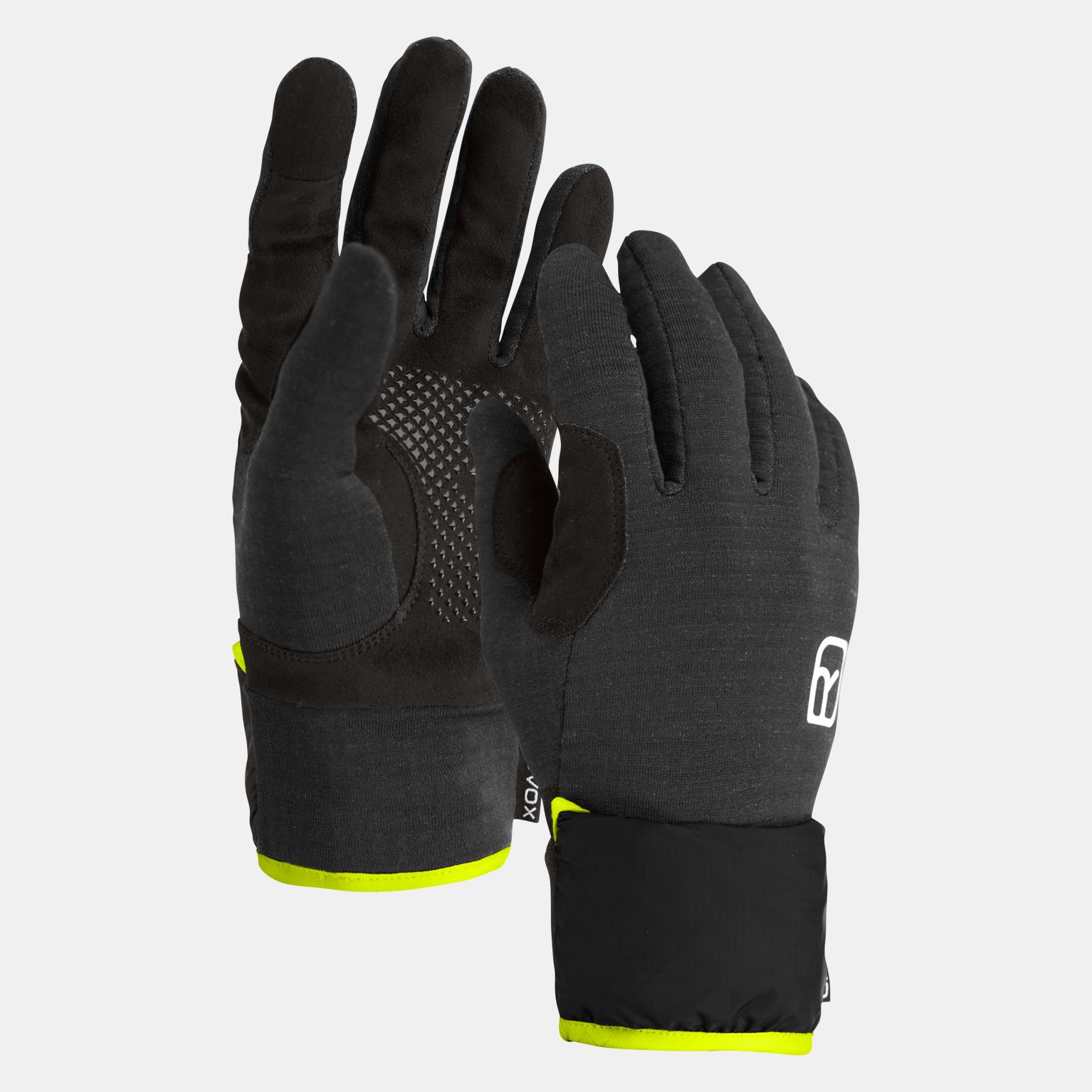 Two black Ortovox Fleece Grid Cover gloves, palms with silicone, yellow hem.