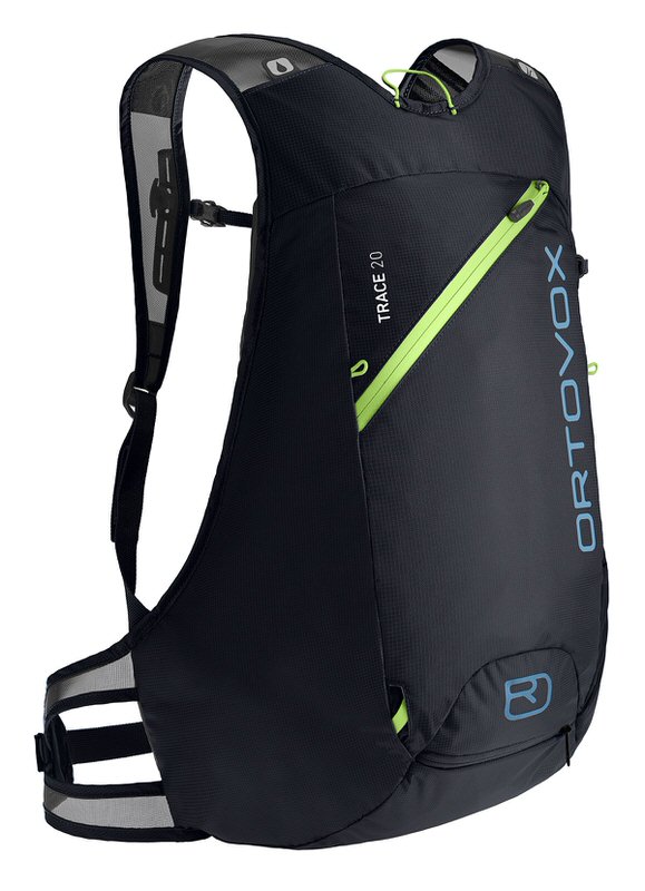 Sac à dos de randonnée à ski noir Ortovox Trace 20 avec des éléments réfléchissants et des accents vert clair.
