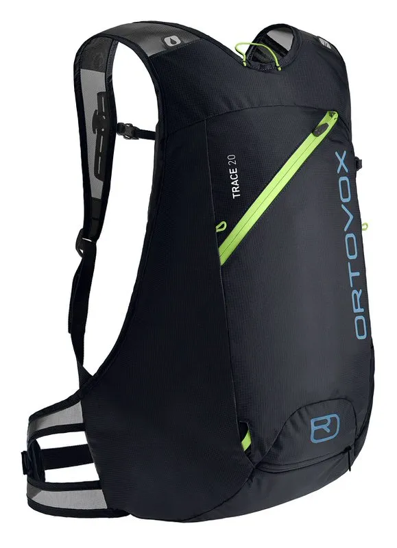 Zaino da scialpinismo Ortovox Trace 20 nero con elementi riflettenti e accenti verde chiaro.