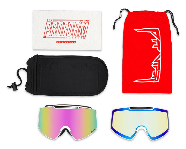 The Miami Nights Proform Goggle Set mit zwei Gläsern, Beutel und Tasche auf weißem Hintergrund.