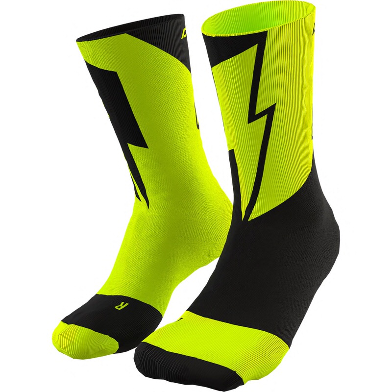 Two neon-yellow, breathable Dynafit socks with black colorblocking and lightning bolt motif.