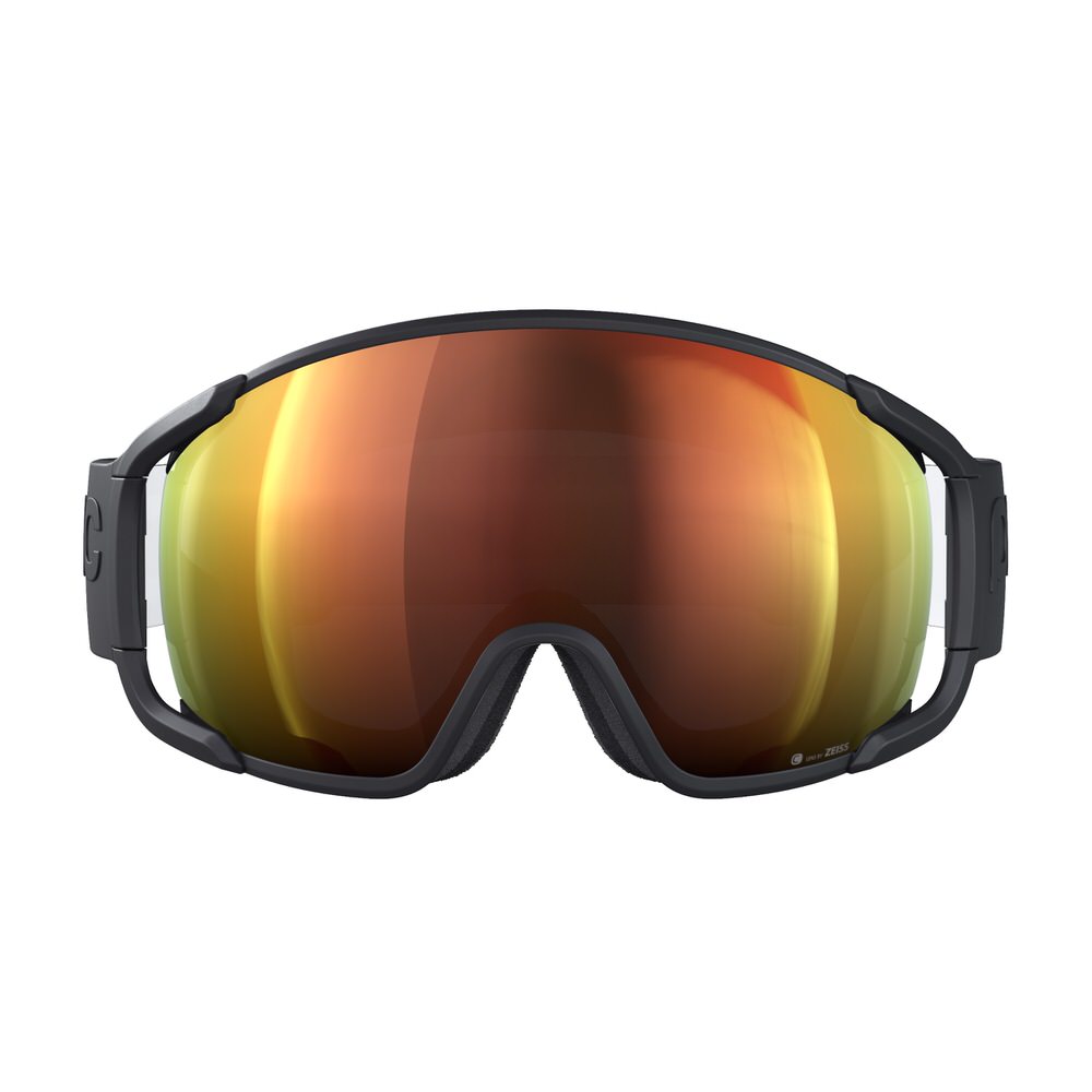 Frontale Ansicht der POC Zonula Clarity Skibrille in Uranium Black mit oranger Linse.