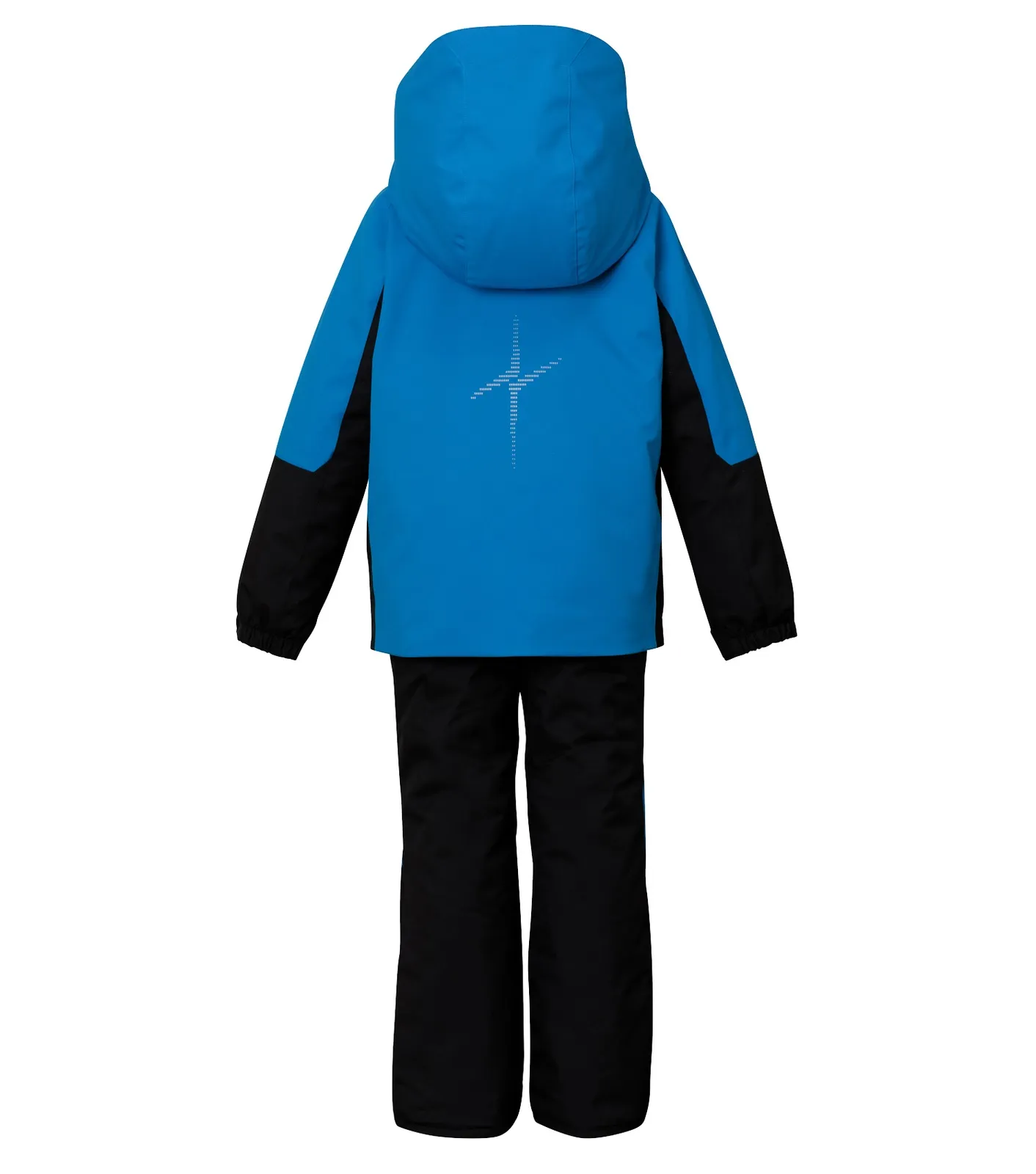 Blauer Horizon Junior Skianzug, Hose schwarz. Jacke mit Kapuze, helles Kreuzmuster am Rücken.