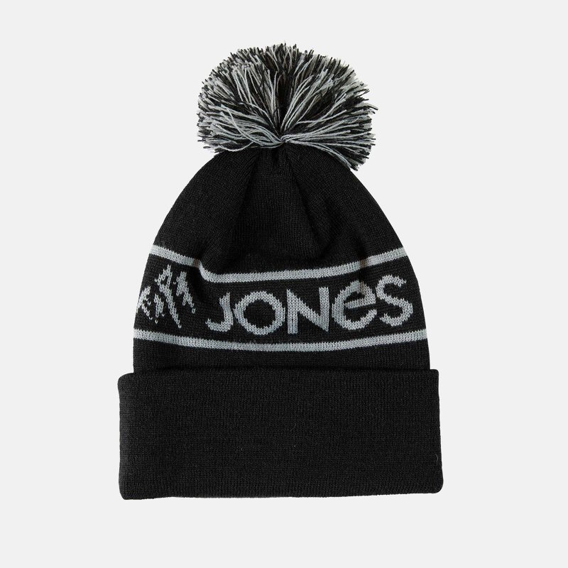 Schwarze Jones Chamonix Recycled Beanie mit Bommel und Logo-Schriftzug.