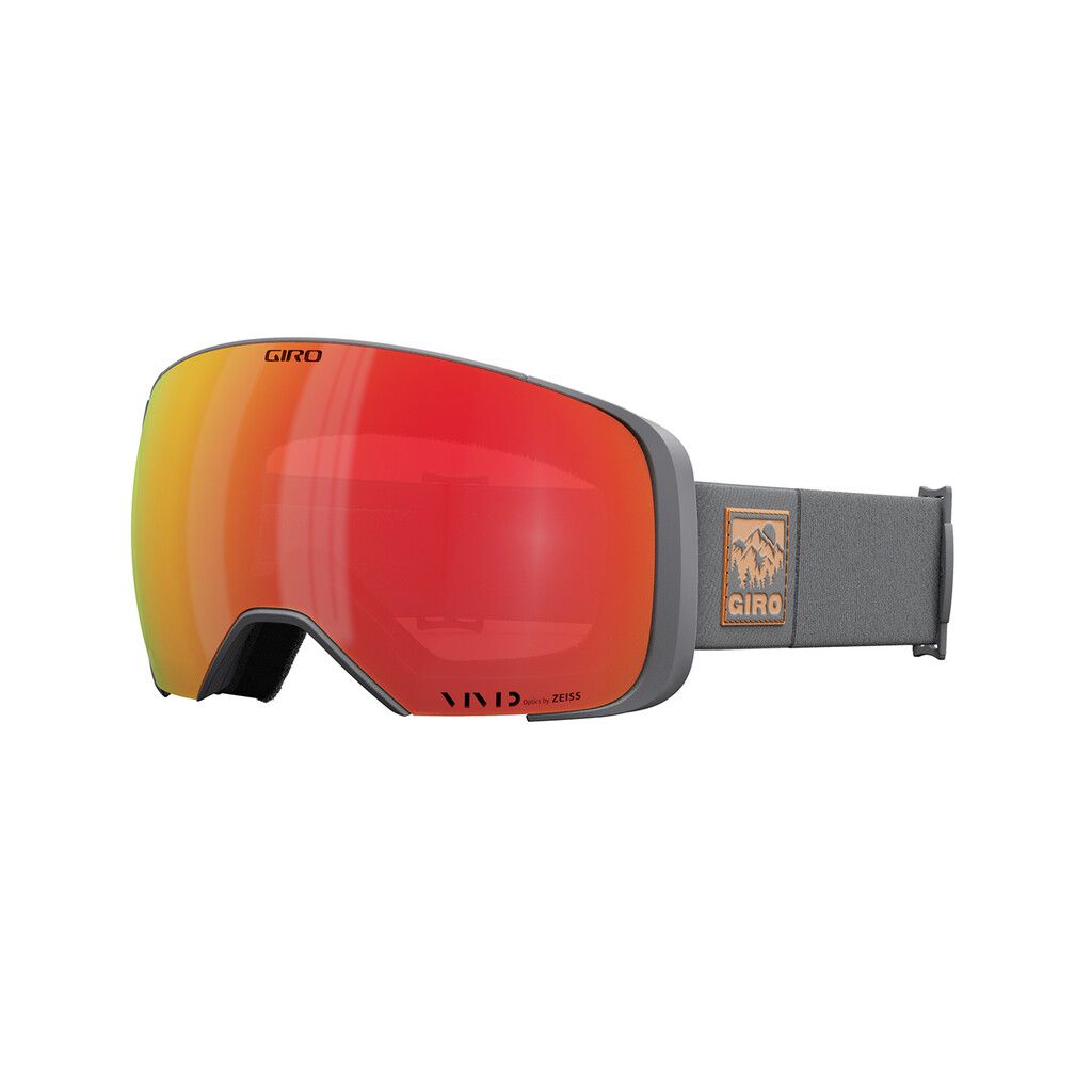 Graue Giro Vivid Goggle Graue Giro Comp Vivid Goggle mit orange-roter Zeiss VIVID torischer Scheibe, frontal und mittig.
