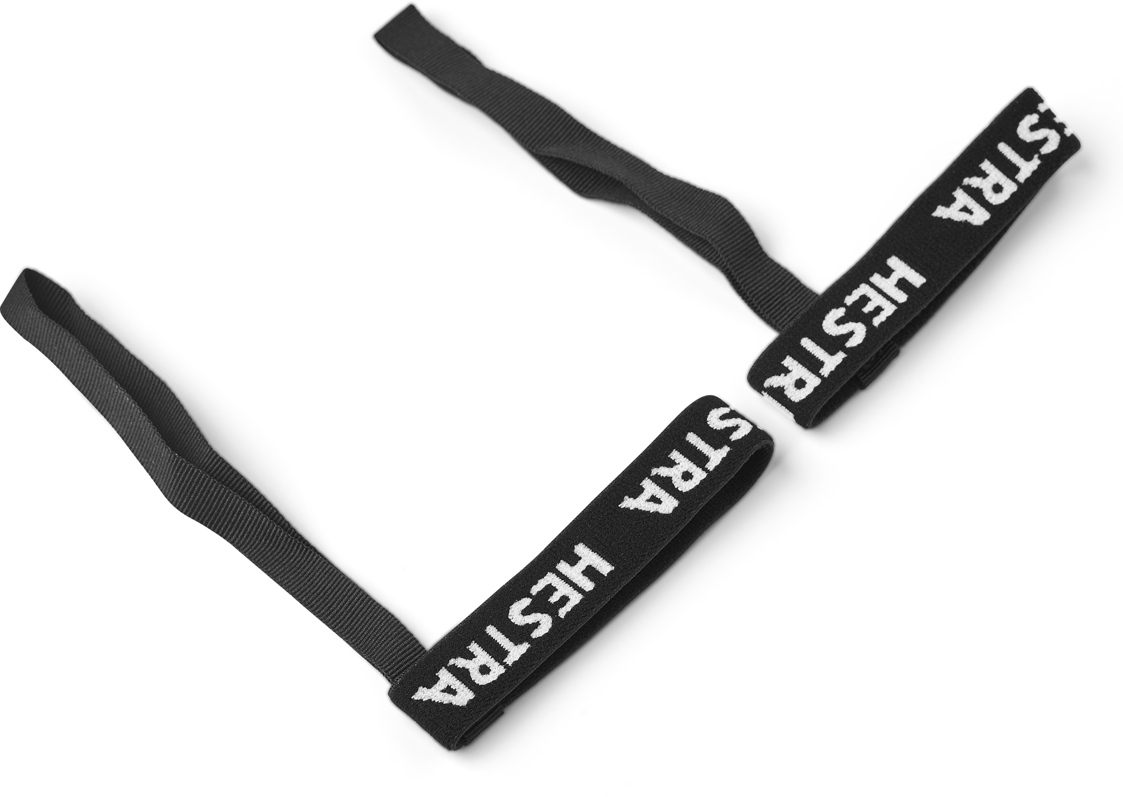 Deux rubans noirs avec l'inscription blanche "HESTRA STRA" sont posés sur un fond blanc.