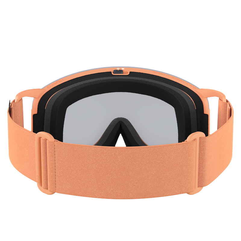 Ski- oder Snowboardbrille in Pfirsichfarbe mit grau getönter Linse und verstellbarem Band.