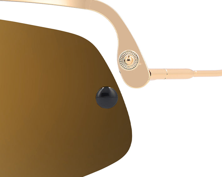 Detailaufnahme: Goldene Sonnenbrille, polarisierte Gläser, schwarze Akzente.