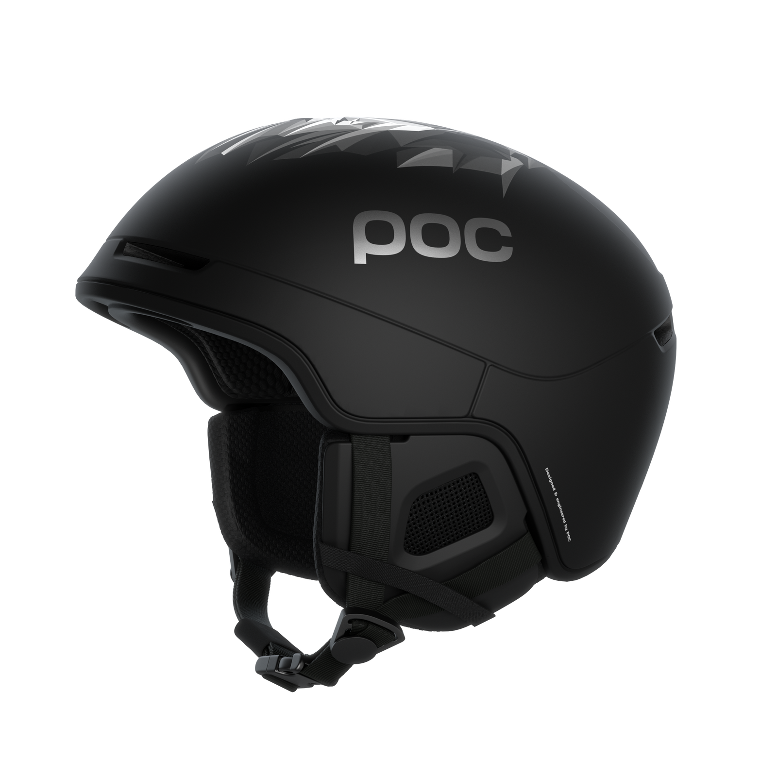Schwarzer Skihelm "POC Obex Pure Odermatt Ed." mit Löwenmuster und POC-Logo, Seitenansicht, Kinnriemen sichtbar.
