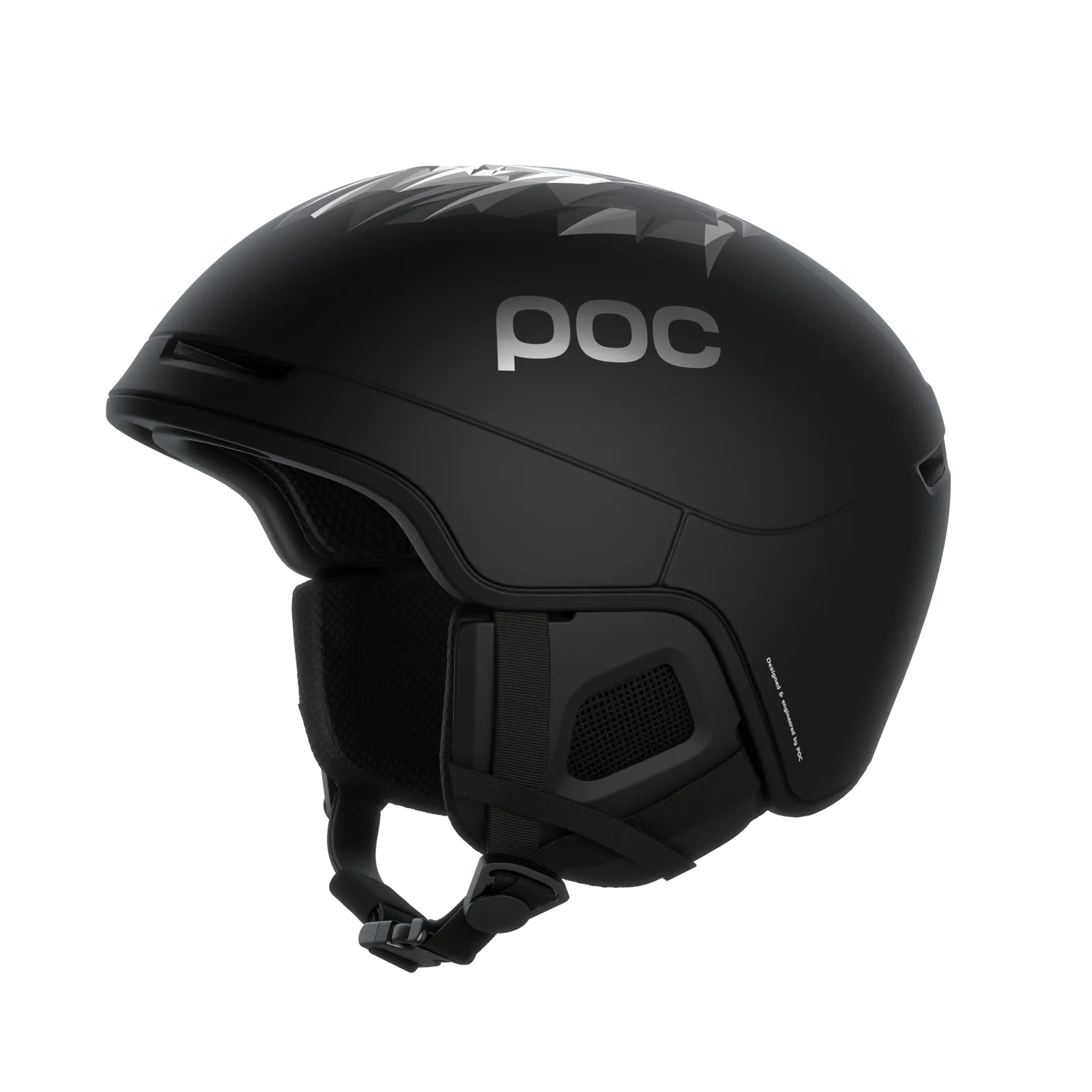 Black ski helmet "POC Obex Pure Odermatt Ed." with lion pattern and POC logo, side view, chin strap visible.