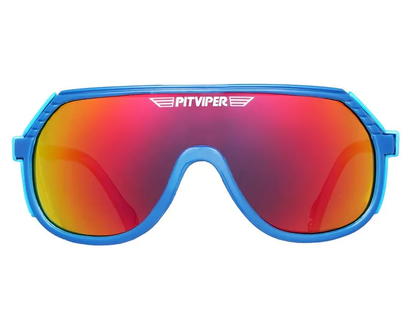 Occhiali da sole Pit Viper blu con lenti polarizzate e specchiate rosso-arancio.
