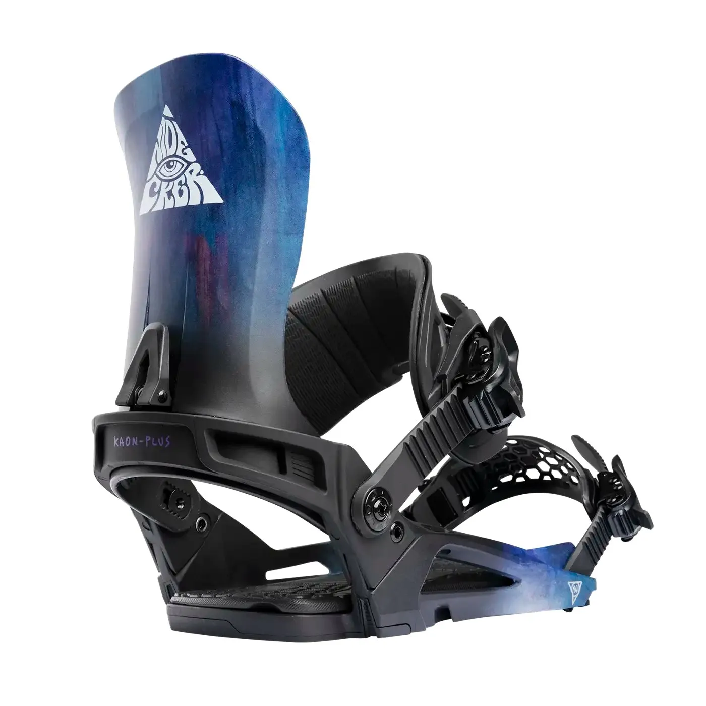 Attacco da snowboard in nero e blu, con logo grafico sull'albero alto.