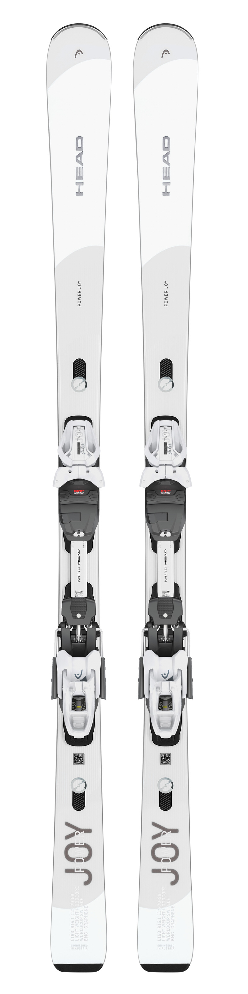 Weißer Head e-power Joy Ski mit montierter Bindung in der Frontansicht.