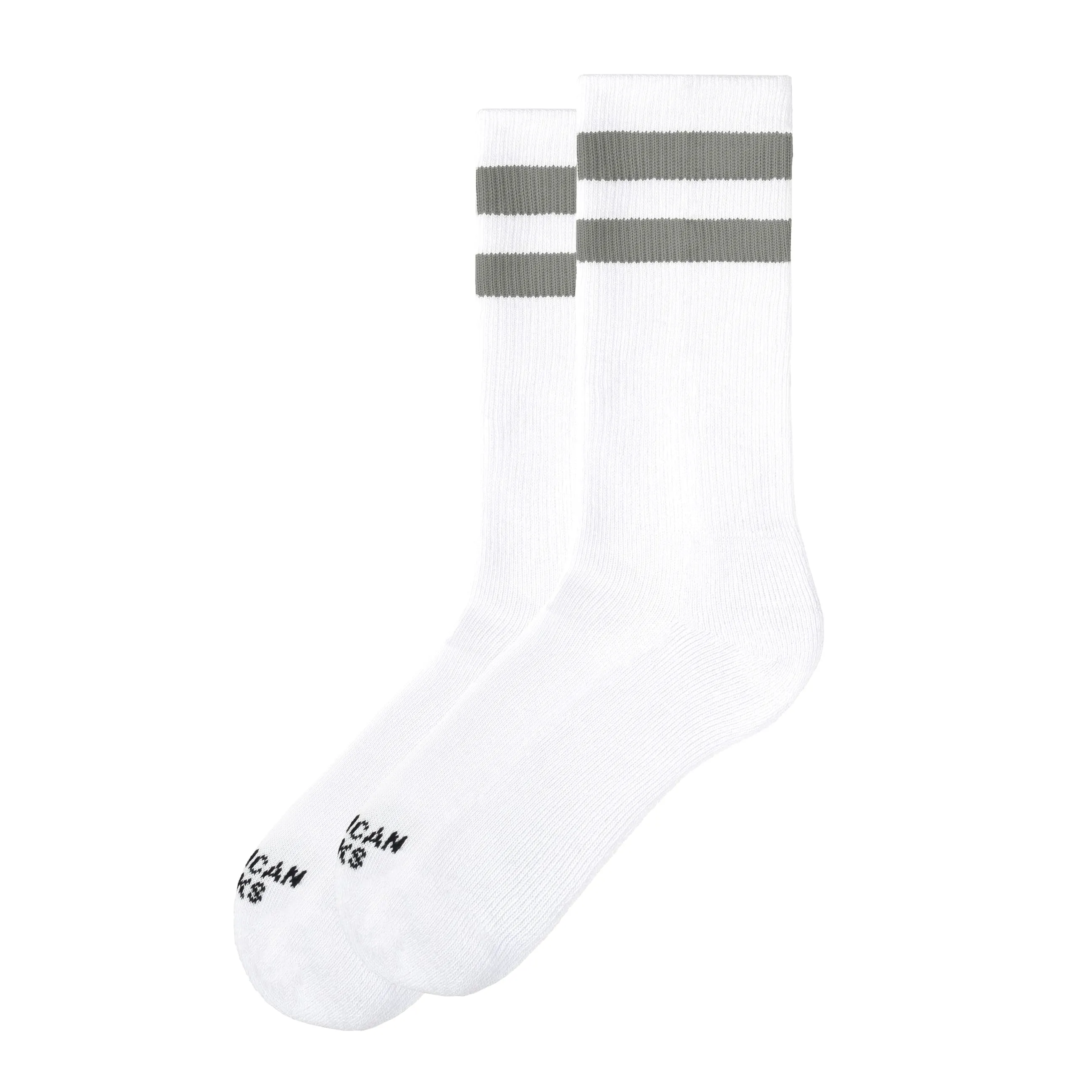 Two white, medium-high Falkor socks with gray stripes and logos on a white background.