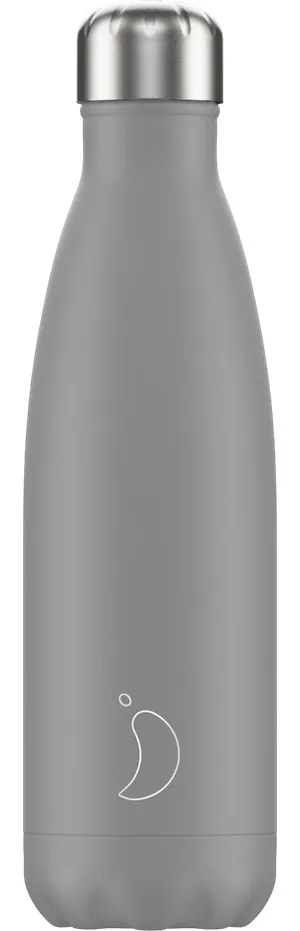 Gray Chillys drinking bottle 500ml with silver lid and white logo. It is slim, insulated and keeps drinks cold or warm.
