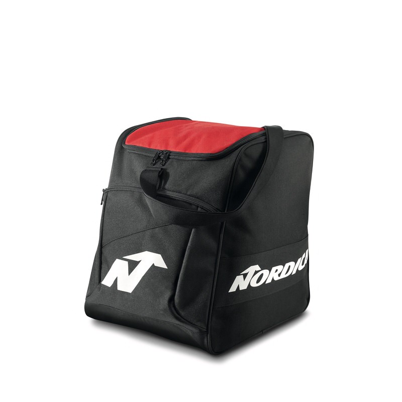 Nordica Skischuhtasche schwarz Schwarze Nordica Skischuhtasche / Boot Backpack mit rotem Deckel, Tragegriff und weißem Logo.
