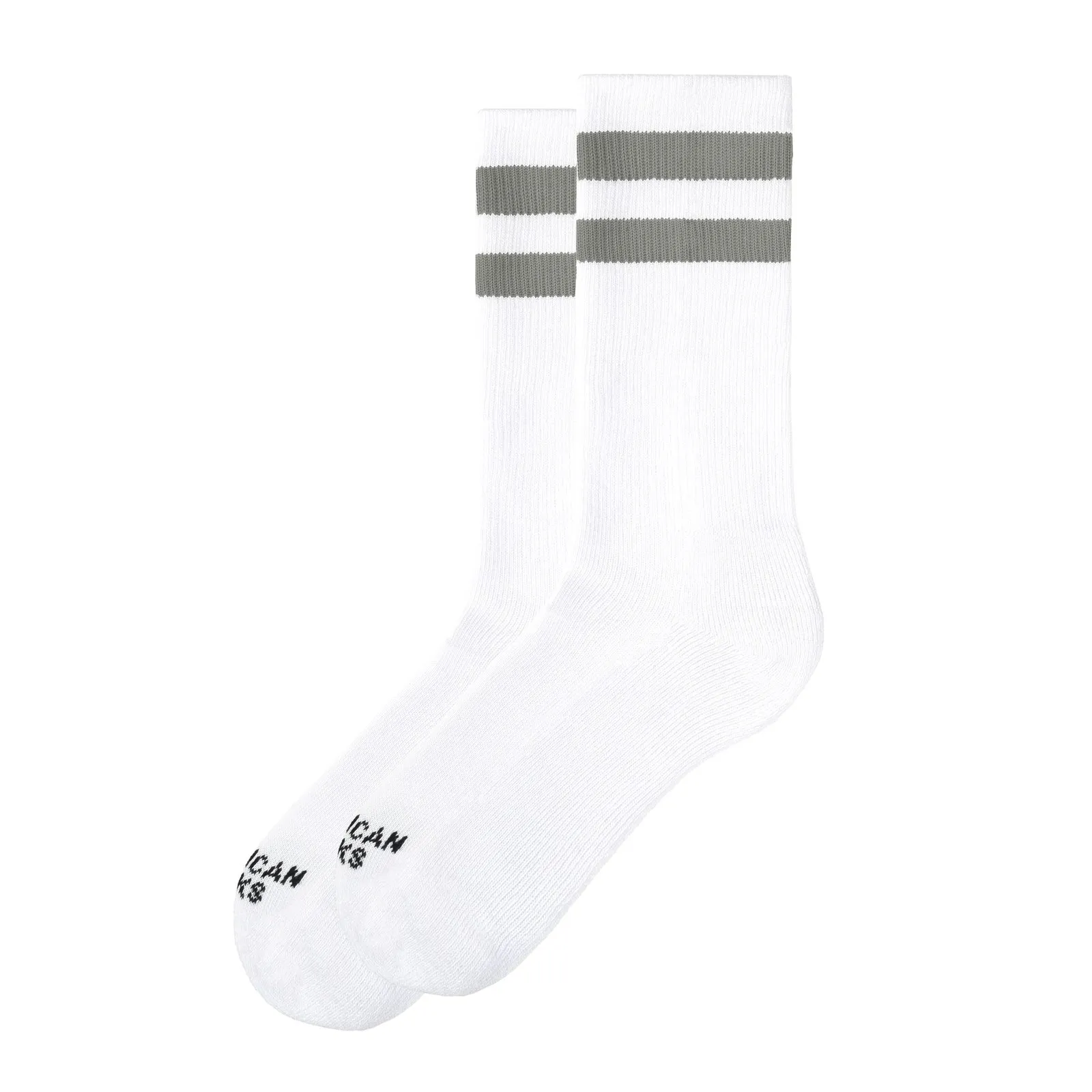 Two white, medium-high Falkor socks with gray stripes and logos on a white background.