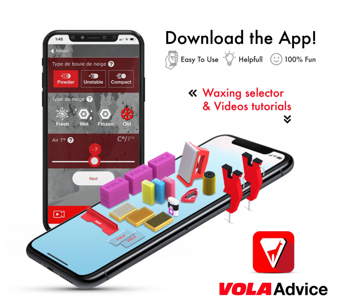 Skiwachs App und Zubehör Smartphone mit App für Skiwachs-Auswahl und Zubehör, darunter Vola Wachsblöcke und Bürsten. Vola Advice Logo.