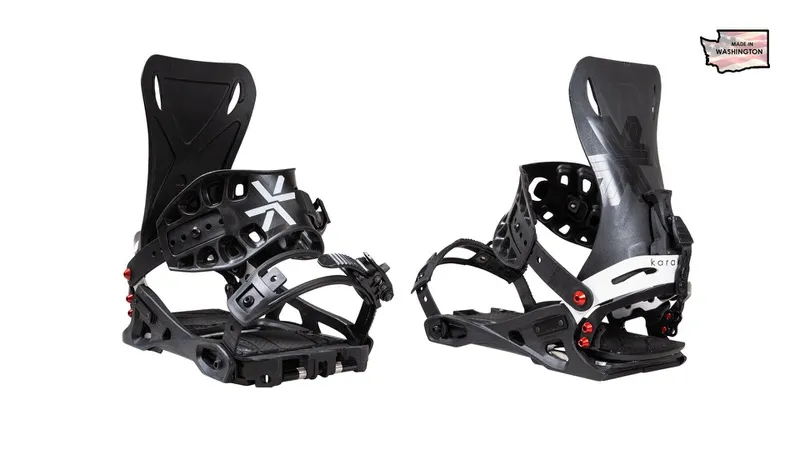 Two Karakoram Ultra Ranger splitboard bindings, sideways and slightly diagonal from the front, on a white background.