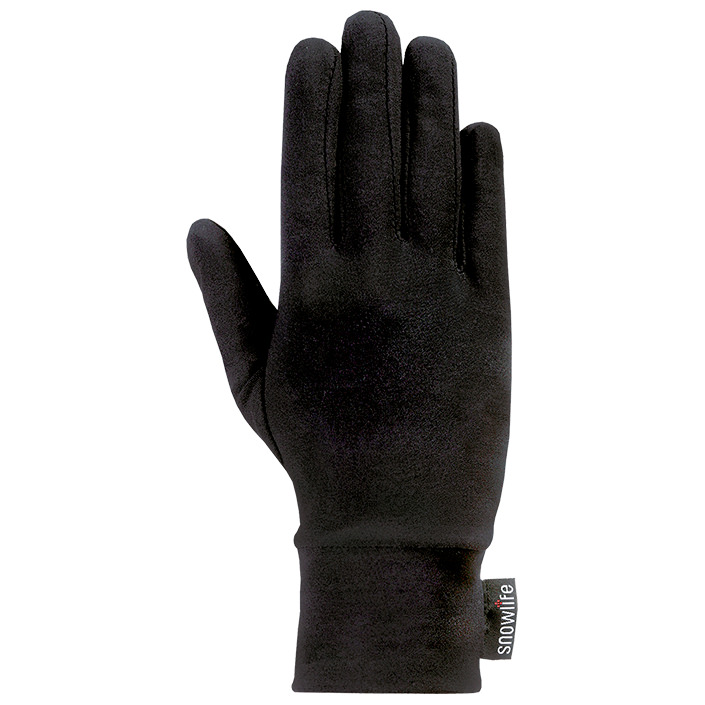 Schwarzer Leki Lycra Liner Handschuh, Handfläche nach vorn, mit "snowlife" Etikett am Handgelenk.