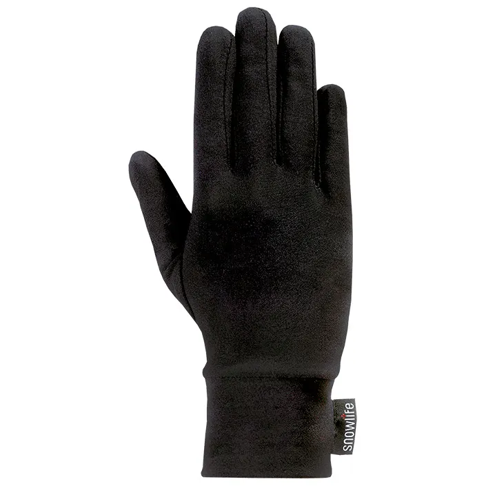 Gant noir Leki Lycra Liner, paume vers l'avant, avec étiquette "snowlife" au poignet.