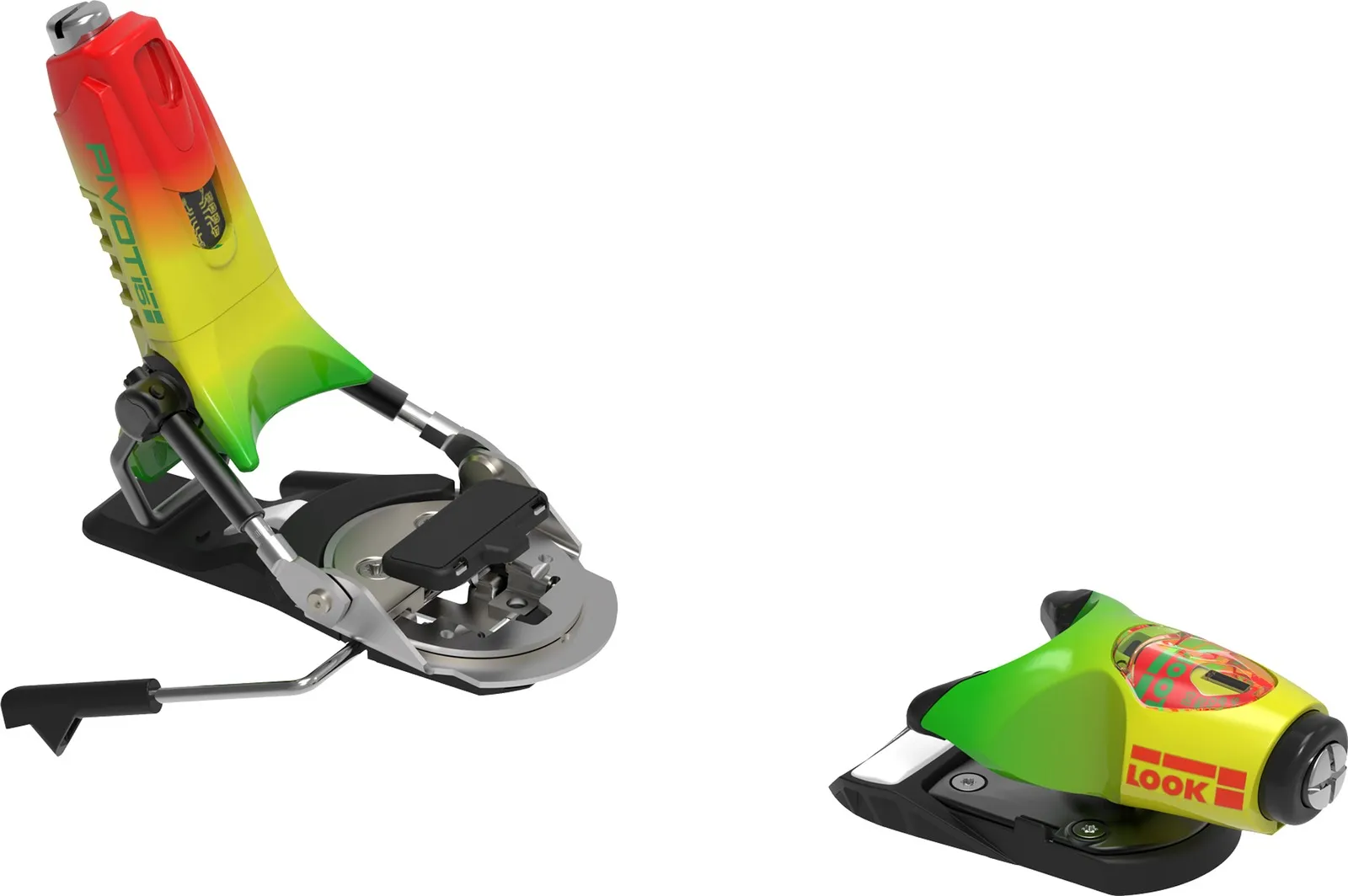 Attacco da sci Forza 3.0 Look Pivot 15 GW B95 con accenti colorati in rosso, giallo e verde. Le sezioni anteriore e posteriore sono visibili separatamente.