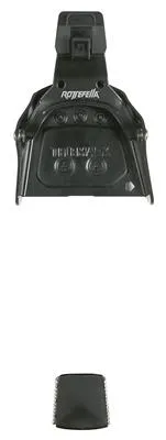Schwarze Super Telemark Skibindung in der Frontalansicht, mit Details und Logo.