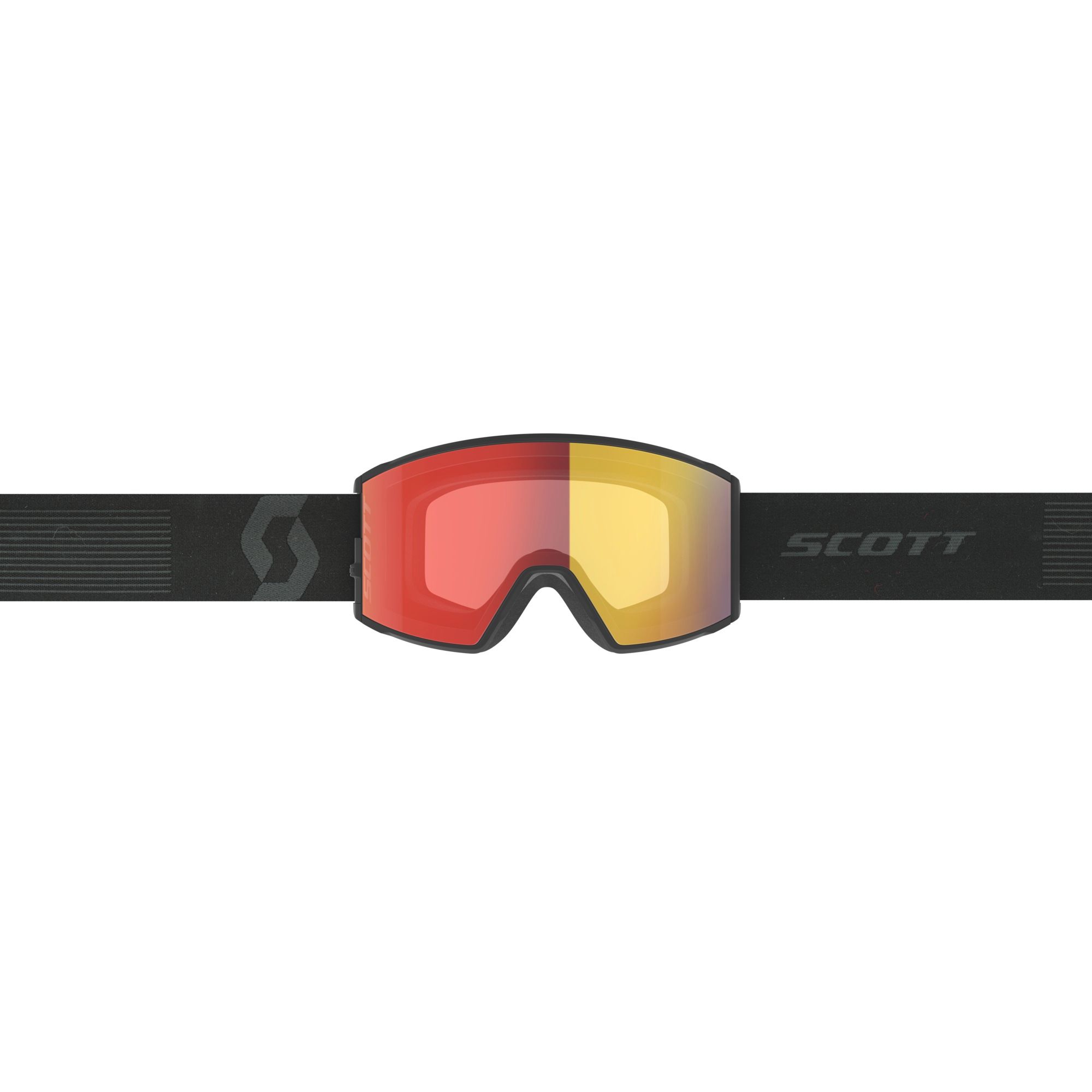 Vue frontale des lunettes de ski Scott React avec lentille rouge et jaune et bandeau noir.