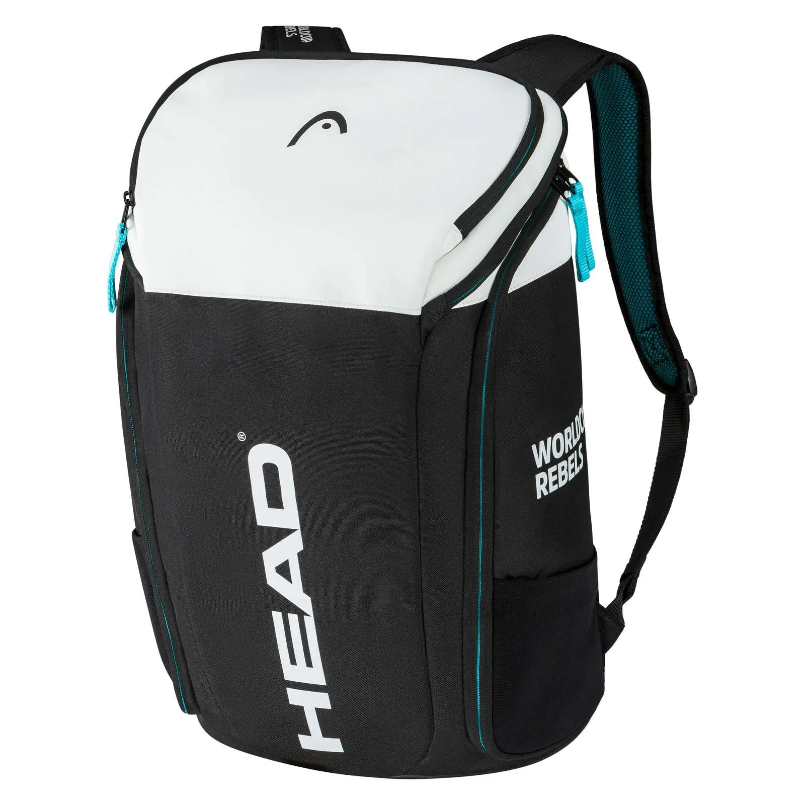 Sac à dos Head Rebels noir avec partie supérieure blanche et accents turquoises, poches extérieures sur le côté.