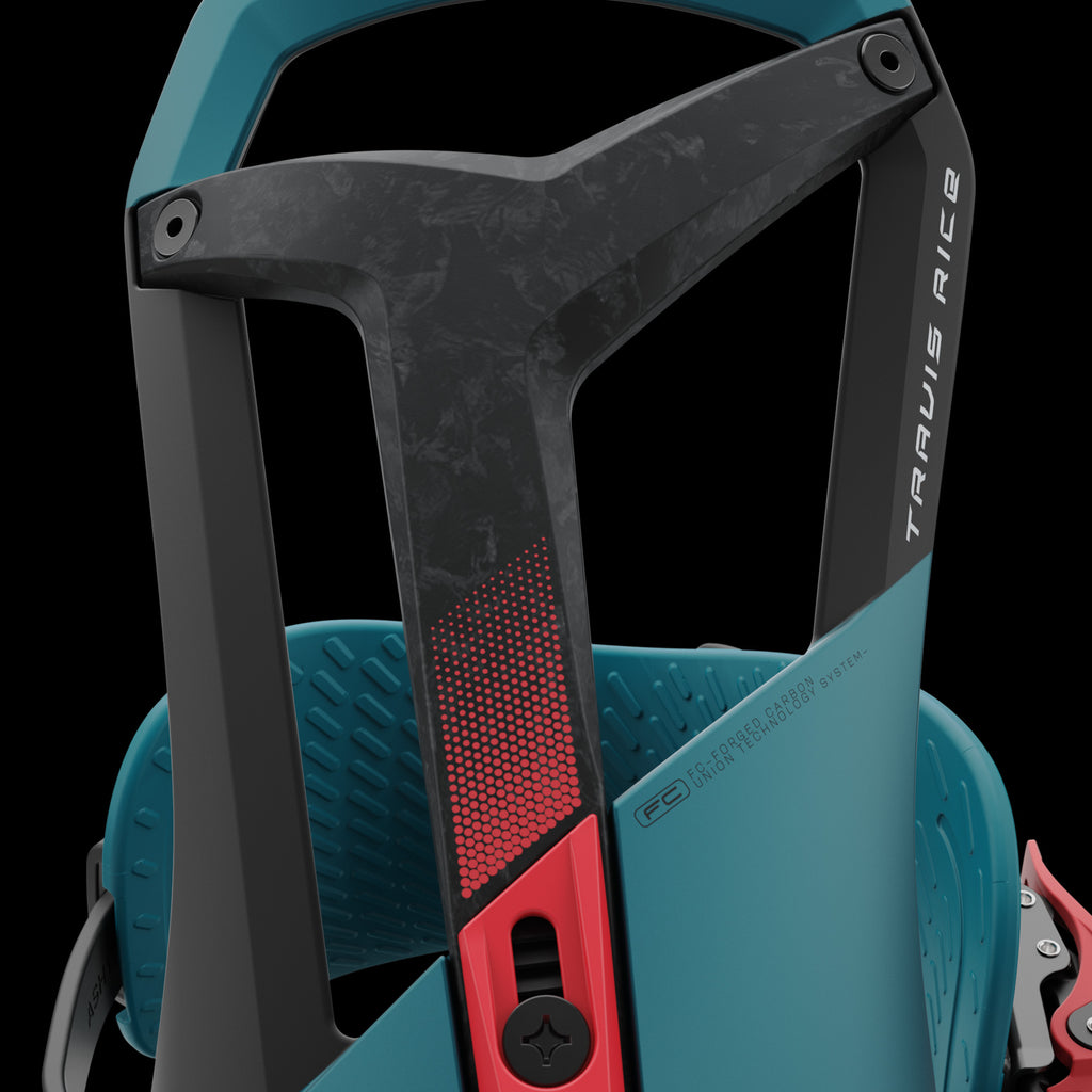 Close-up of a Teal Union Falcor snowboard binding with focus on the highback.