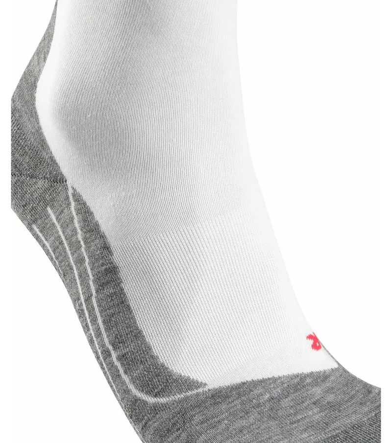 Close-up of a white men's running sock with gray reinforcements on the heel and toe.