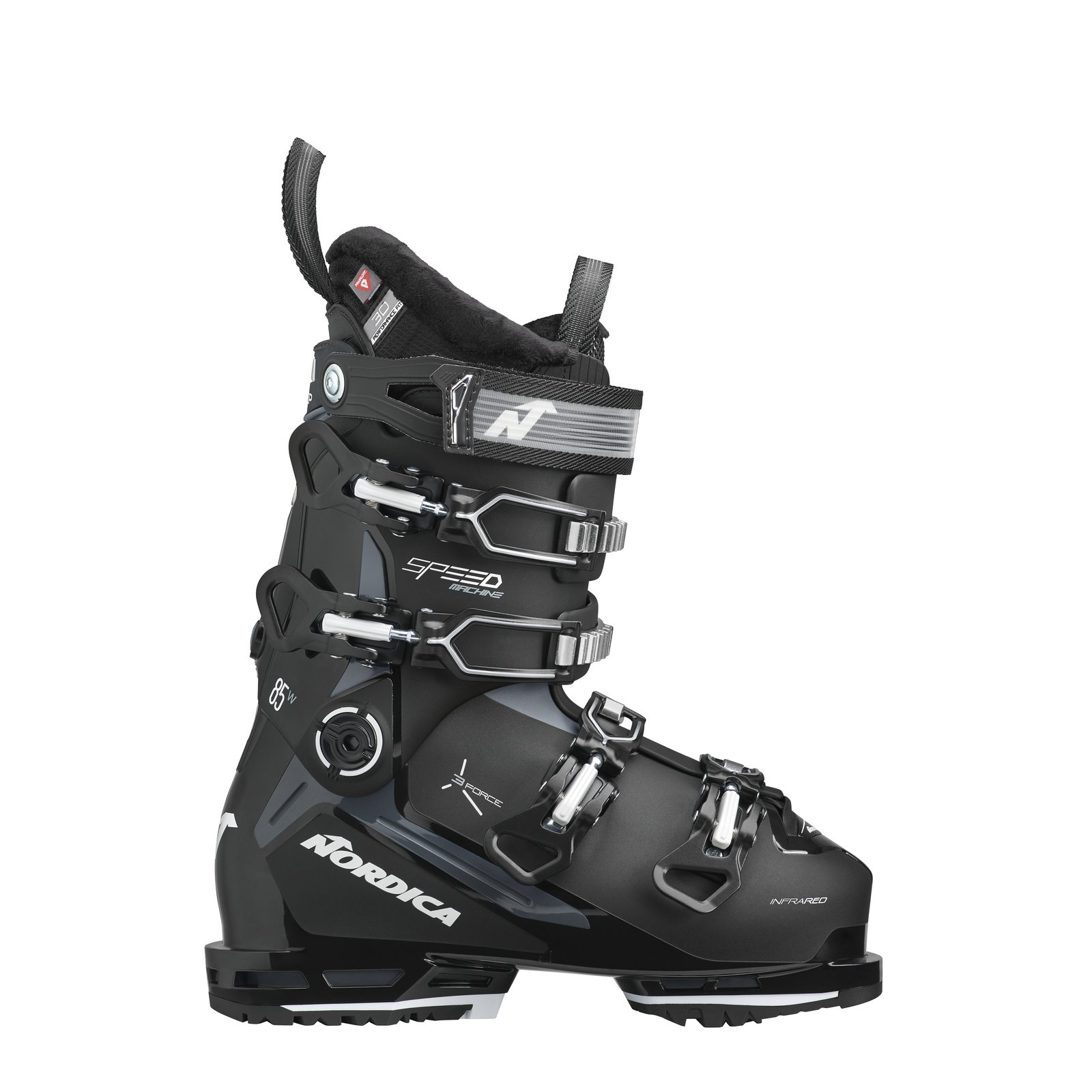 Schwarzer Nordica Speedmachine 3 85 W GW Skischuh, seitliche Ansicht, vier Schnallen, weißes Nordica Logo.