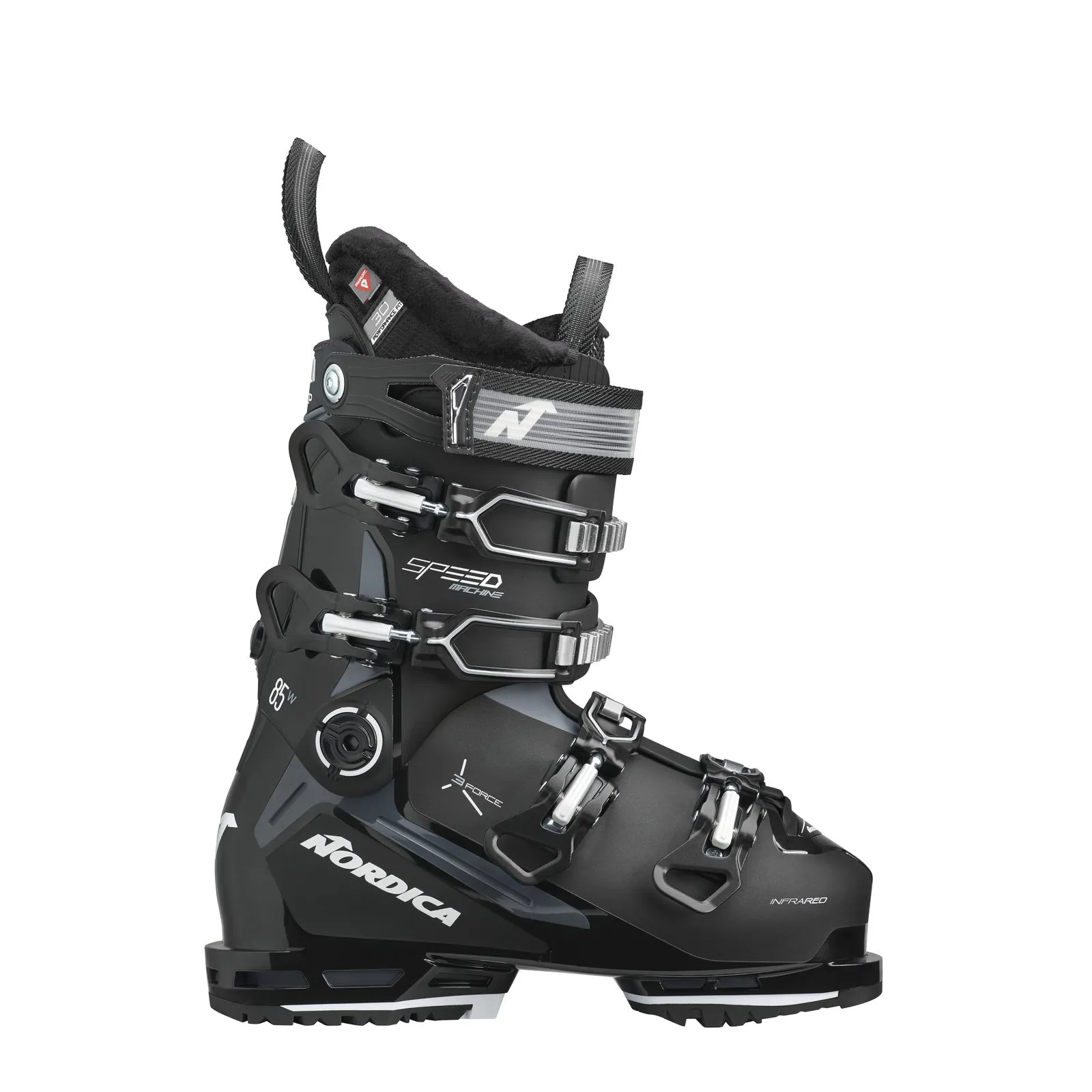 Black Nordica Speedmachine 3 85 W GW ski boot, side view, four buckles, white Nordica logo.