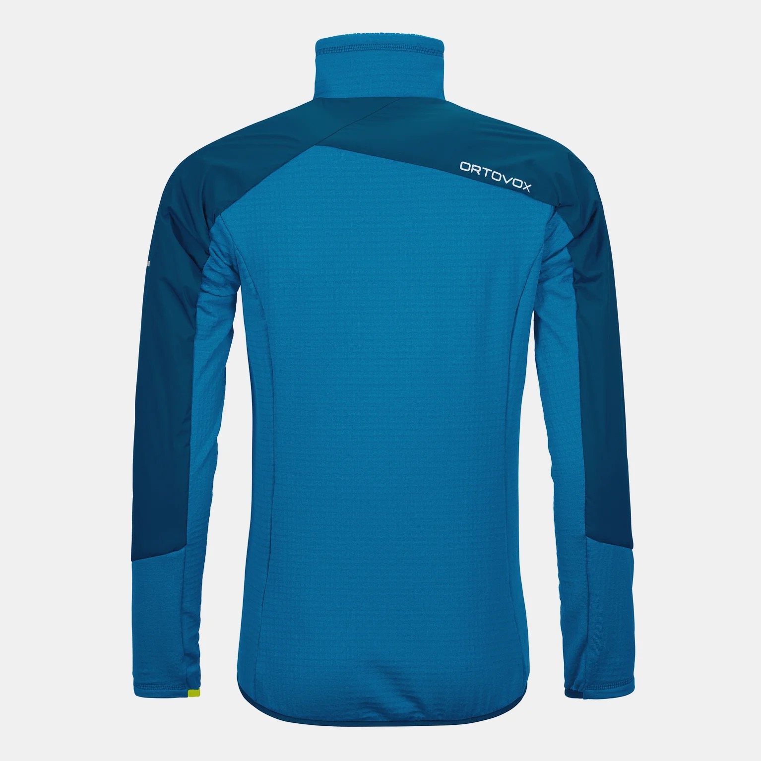 Back view of a blue-turquoise Ortovox Westalpen Swisswool Hybrid Jacket for men with stand-up collar and long sleeves.