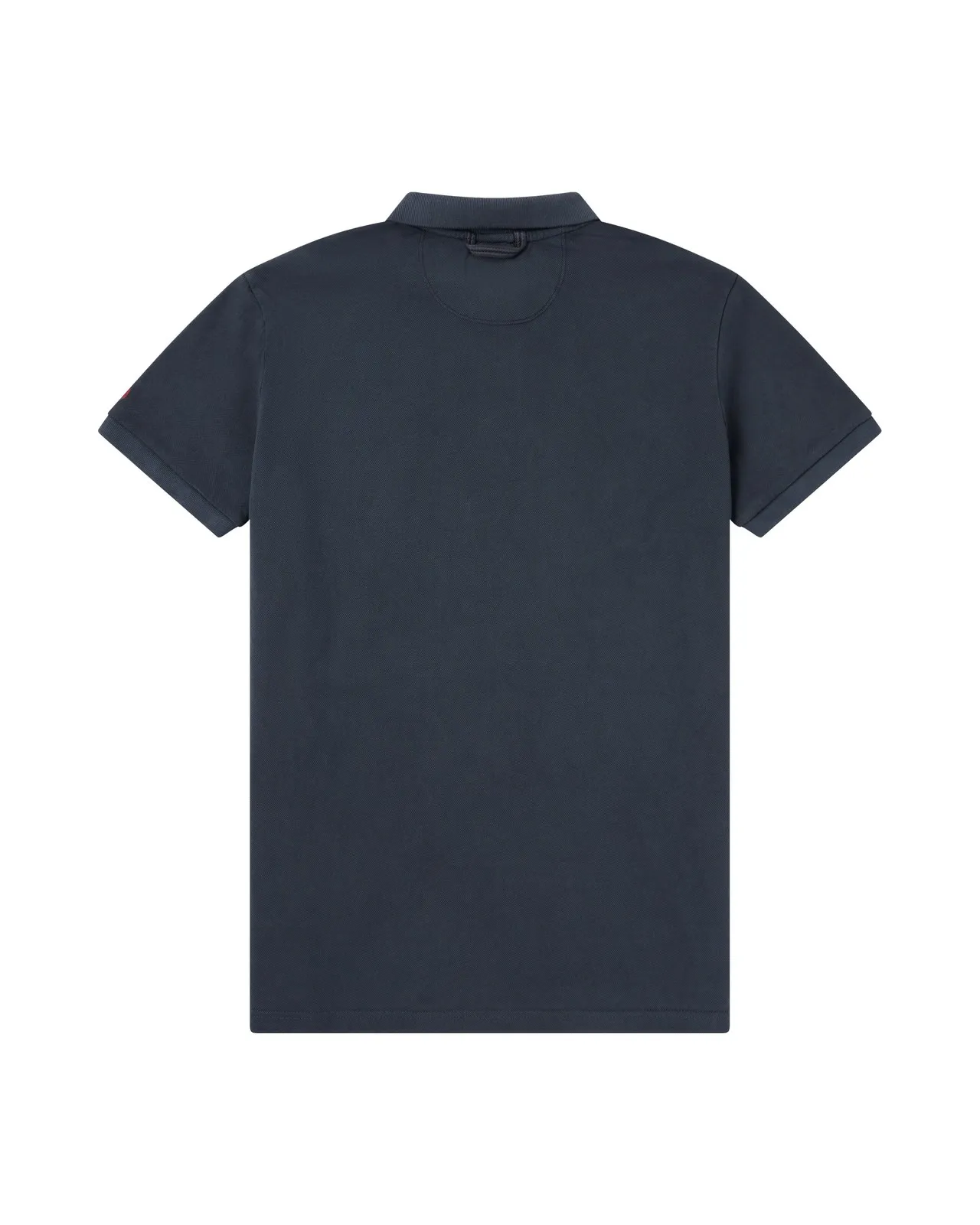 Retro di una polo blu navy con maniche corte, colletto e abbottonatura.