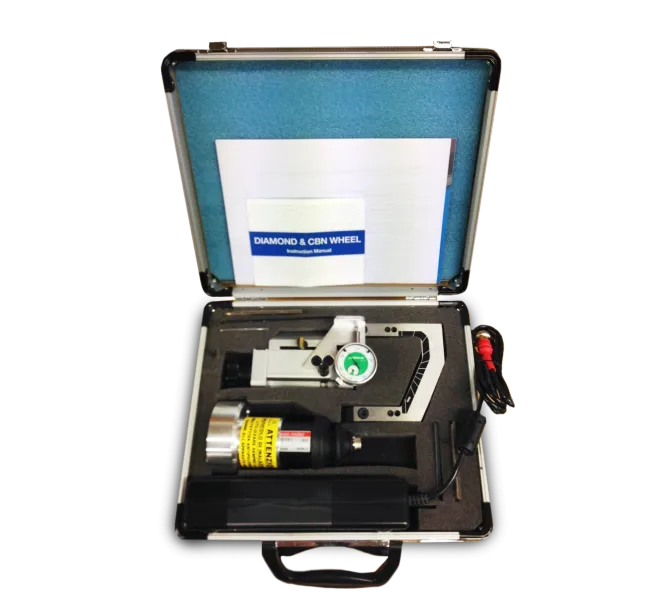 Opened aluminum box with blue foam inlay, containing a Jomax Machine edge sander and accessories.